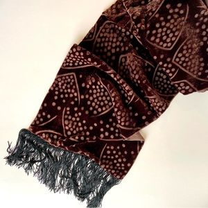 Chocolate Brown Silk Blend Burn Out Scarf with Black Fringe